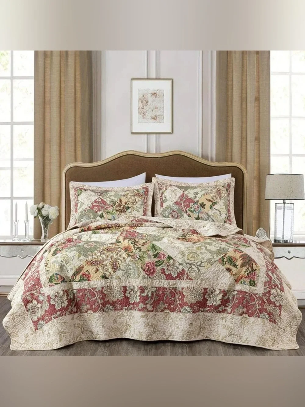 Floral Patchwork Cotton king 3 piece  Quilt Set in Multi-Colored Red & Cream